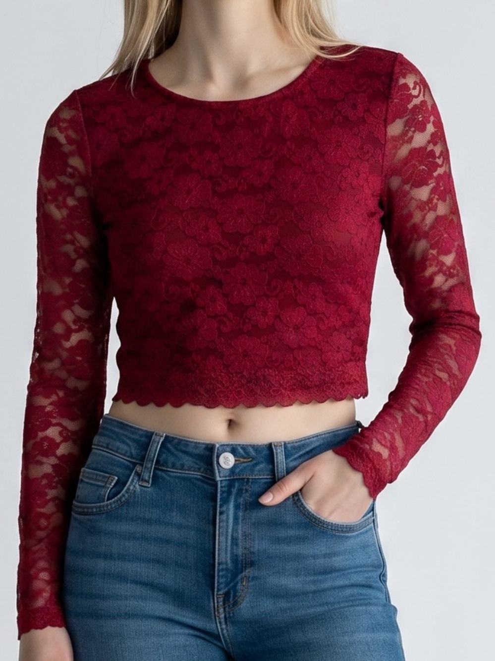 Forever 21 Red Lace Long-Sleeve Crop Top